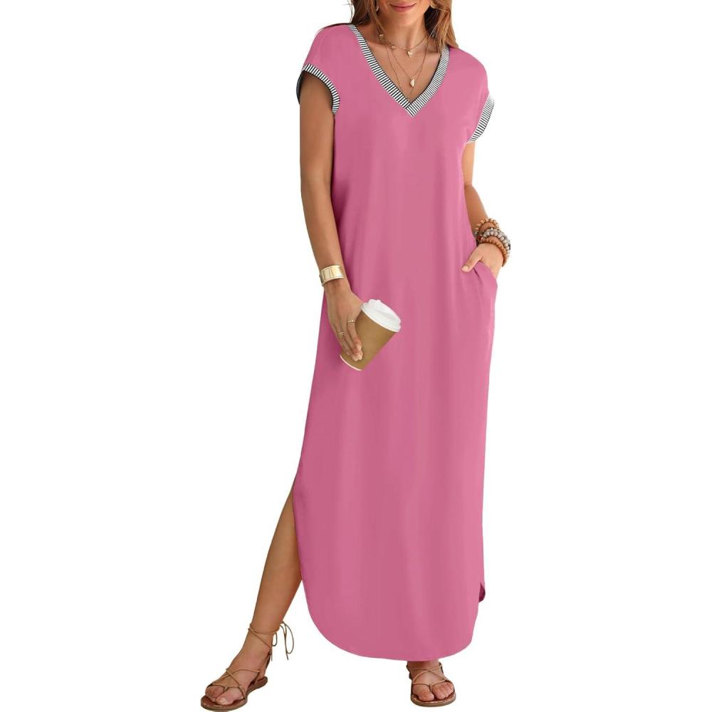 imageMEROKEETY Womens 2025 Spring Summer Maxi Dress Casual V Neck Split Beach Vacation Loose Long DressesDarkpink