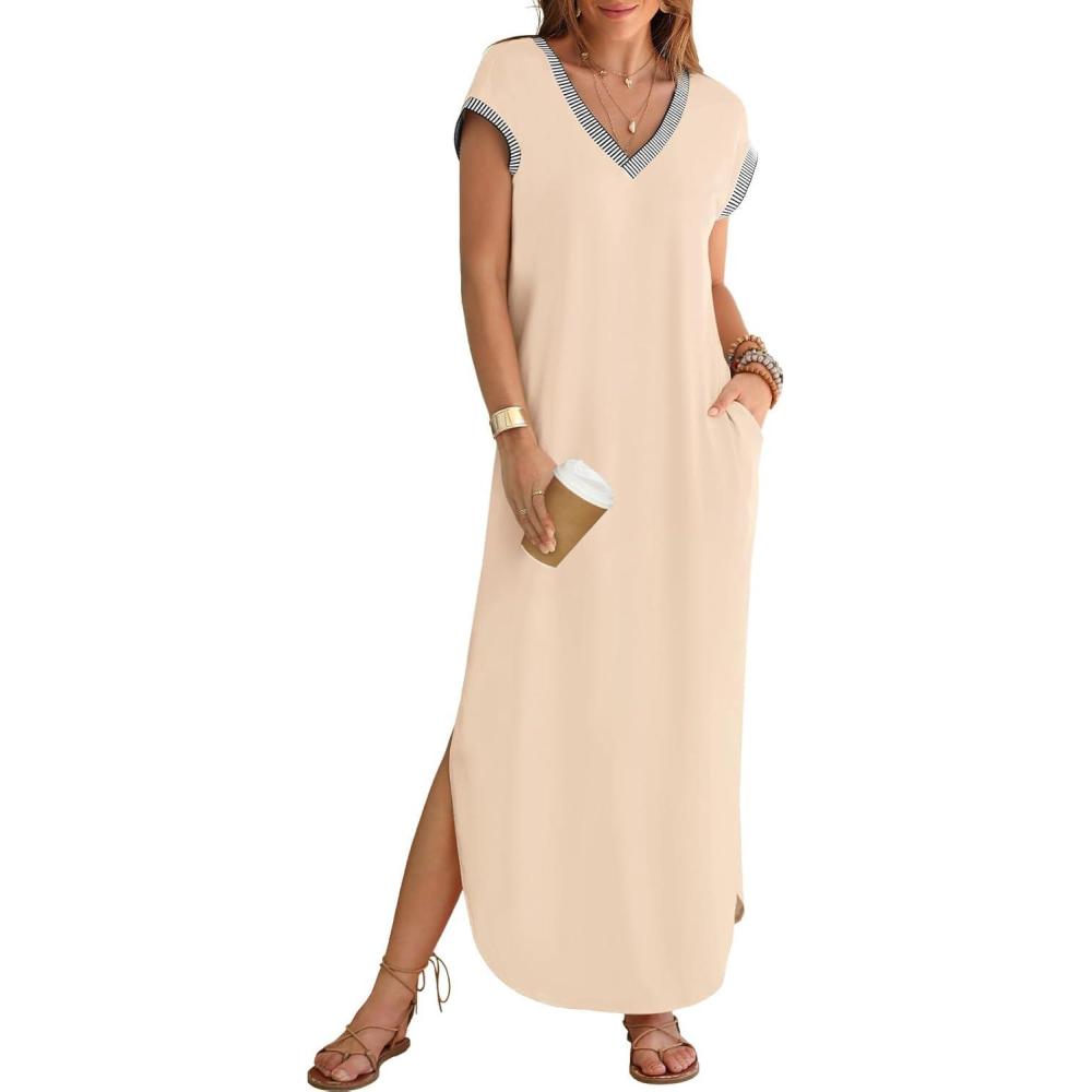 imageMEROKEETY Womens 2025 Spring Summer Maxi Dress Casual V Neck Split Beach Vacation Loose Long DressesLightkhaki