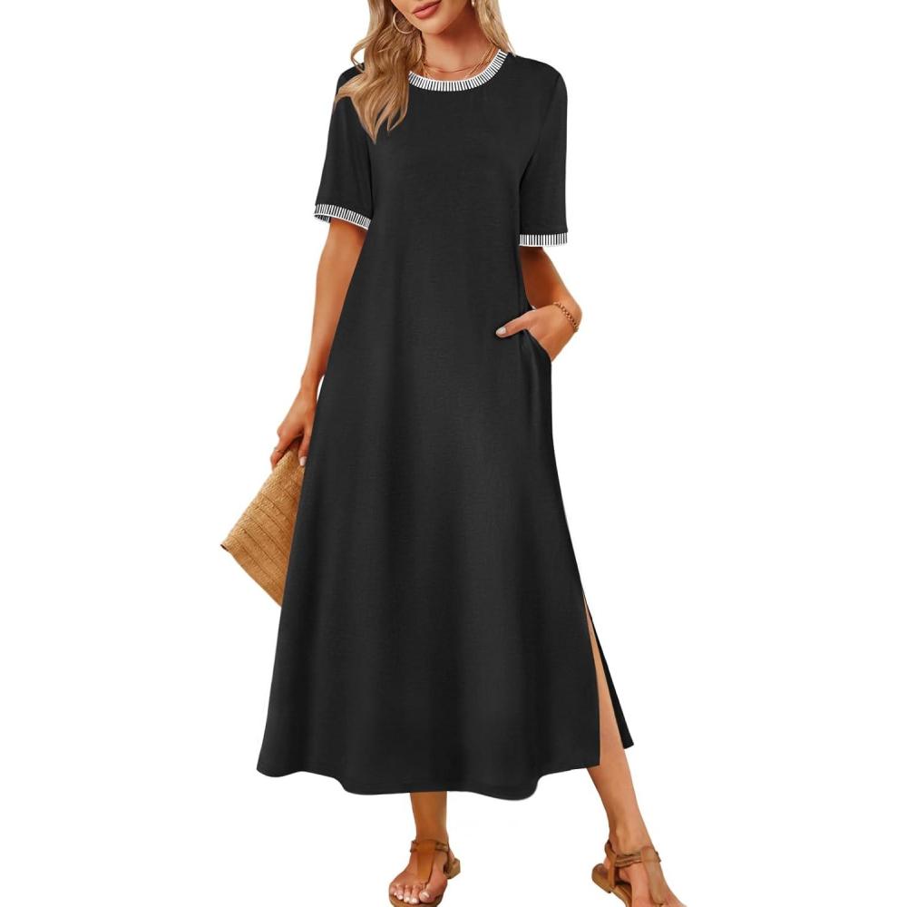 imageMEROKEETY Womens 2025 Summer Casual Maxi Dress Spring Beach Vacation Short Sleeve Crewneck Split Midi T Shirt DressesBlack