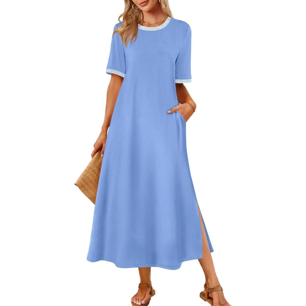 imageMEROKEETY Womens 2025 Summer Casual Maxi Dress Spring Beach Vacation Short Sleeve Crewneck Split Midi T Shirt DressesBlue