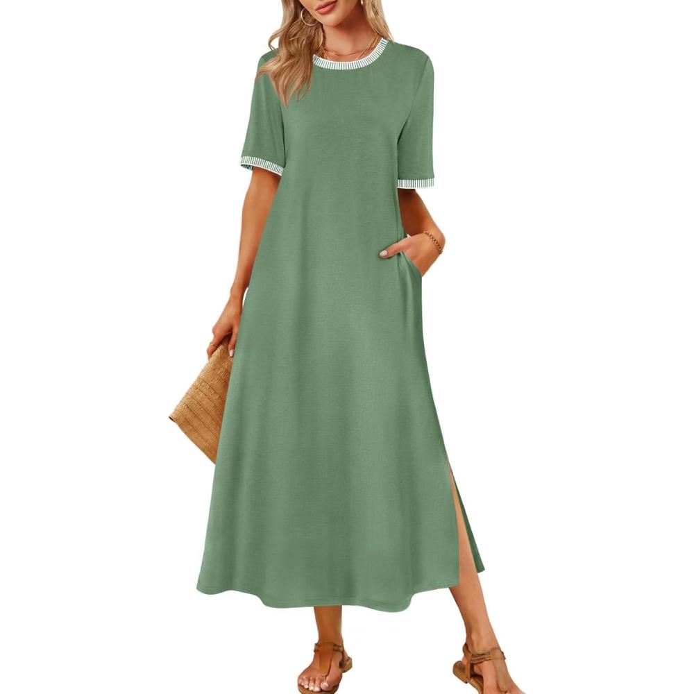imageMEROKEETY Womens 2025 Summer Casual Maxi Dress Spring Beach Vacation Short Sleeve Crewneck Split Midi T Shirt DressesGreen