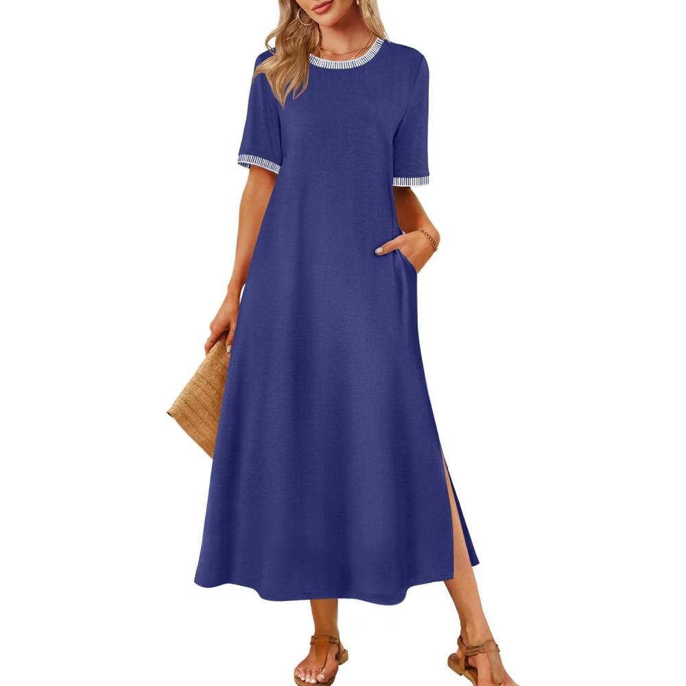 imageMEROKEETY Womens 2025 Summer Casual Maxi Dress Spring Beach Vacation Short Sleeve Crewneck Split Midi T Shirt DressesNavy