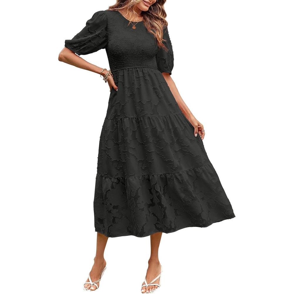 imageMEROKEETY Womens 2025 Summer Puff Sleeve Smocked Floral Dress Crewneck Lace Flowy Tiered Midi DressesBlack