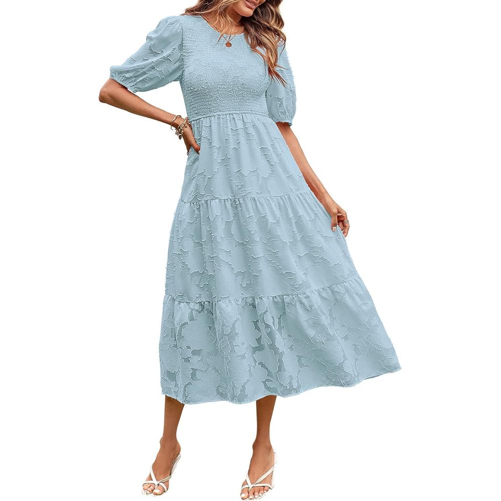 imageMEROKEETY Womens 2025 Summer Puff Sleeve Smocked Floral Dress Crewneck Lace Flowy Tiered Midi DressesBlue
