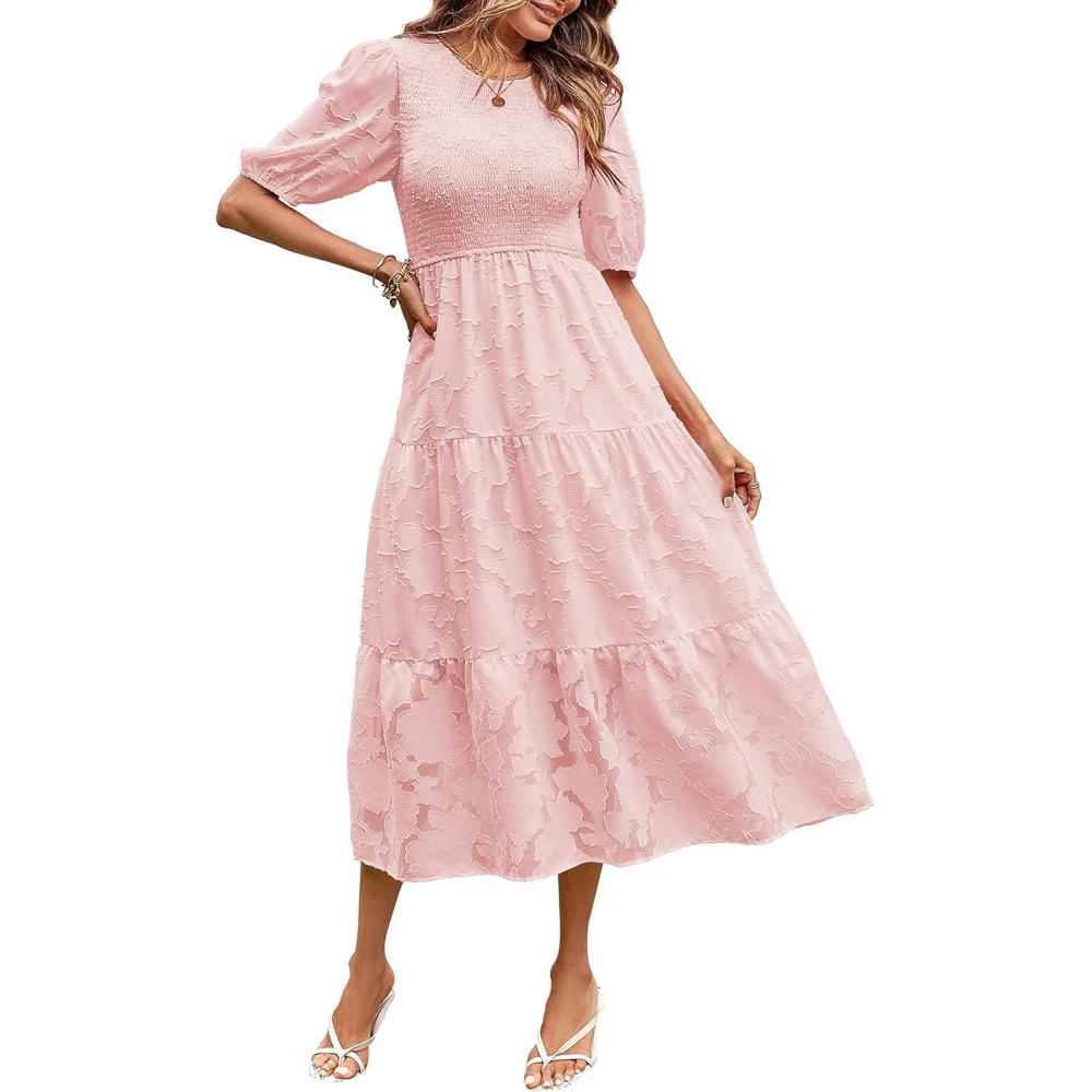 imageMEROKEETY Womens 2025 Summer Puff Sleeve Smocked Floral Dress Crewneck Lace Flowy Tiered Midi DressesPink