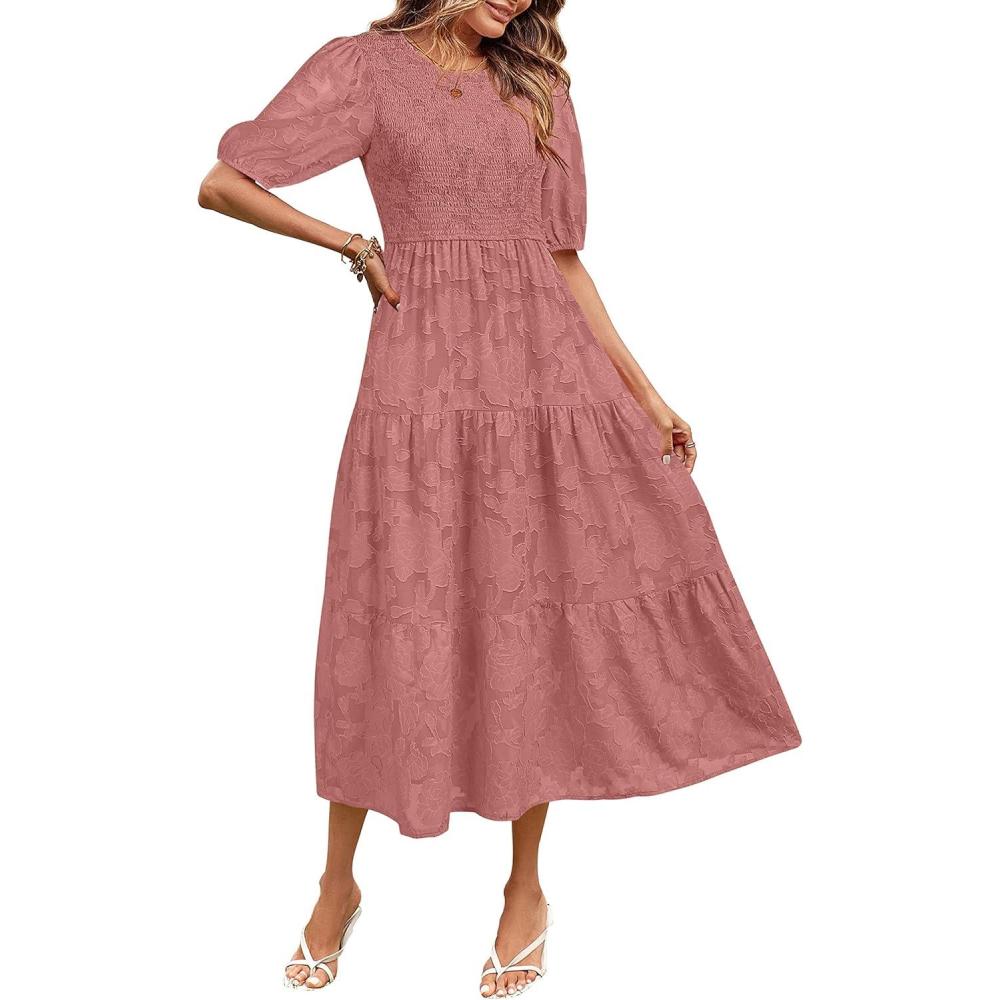 imageMEROKEETY Womens 2025 Summer Puff Sleeve Smocked Floral Dress Crewneck Lace Flowy Tiered Midi DressesTea Rose