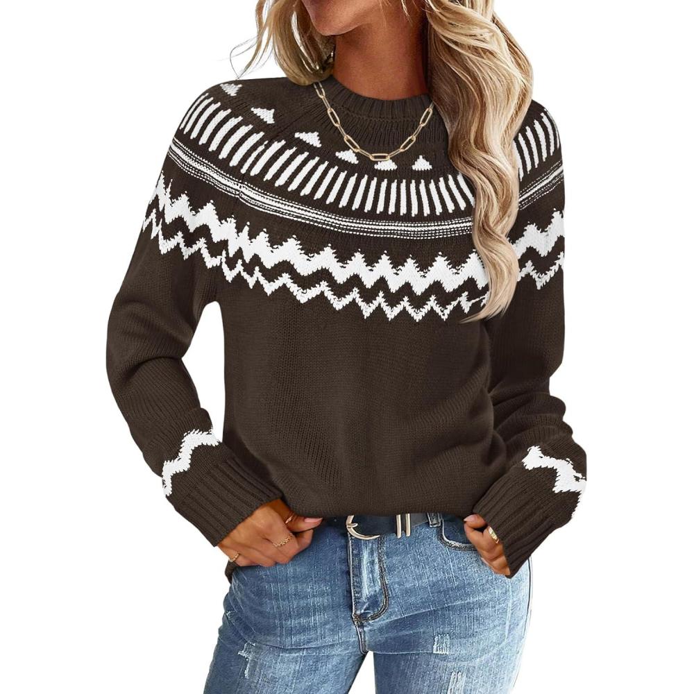 imageMEROKEETY Womens 2026 Fall Winter Fair Isle Argyle Pullover Sweater Striped Crew Neck Long Sleeve Vintage Knit TopsCoffee