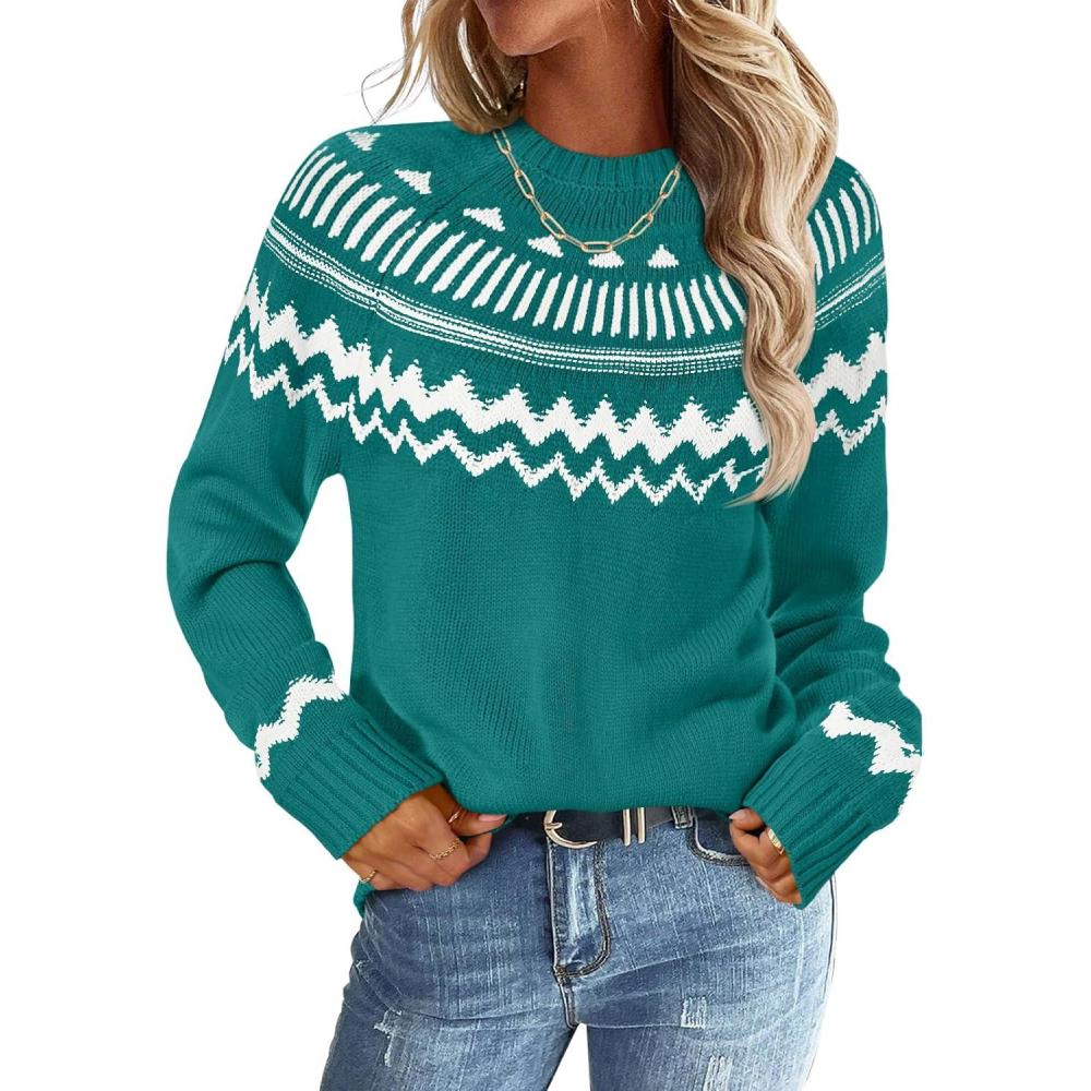 imageMEROKEETY Womens 2026 Fall Winter Fair Isle Argyle Pullover Sweater Striped Crew Neck Long Sleeve Vintage Knit TopsGreen