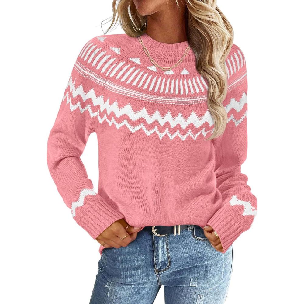 imageMEROKEETY Womens 2026 Fall Winter Fair Isle Argyle Pullover Sweater Striped Crew Neck Long Sleeve Vintage Knit TopsPink