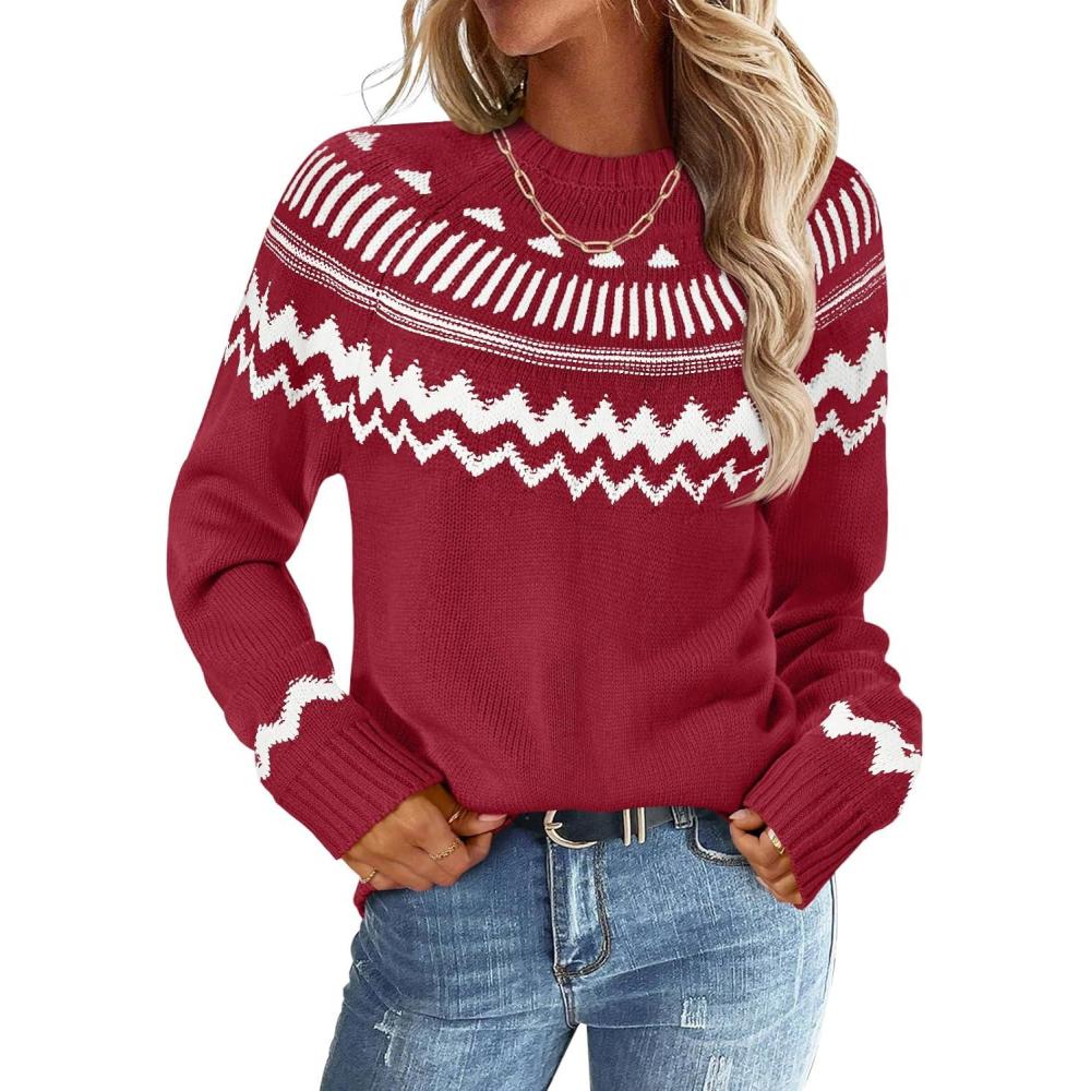imageMEROKEETY Womens 2026 Fall Winter Fair Isle Argyle Pullover Sweater Striped Crew Neck Long Sleeve Vintage Knit TopsRed