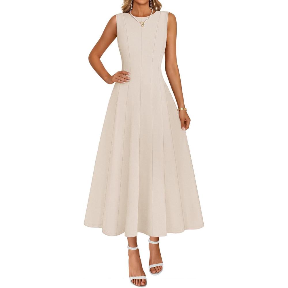 imageMEROKEETY Womens 2026 Summer Elegant Classy Midi Dress Sleeveless A Line Flowy Formal Cocktail DressesApricot