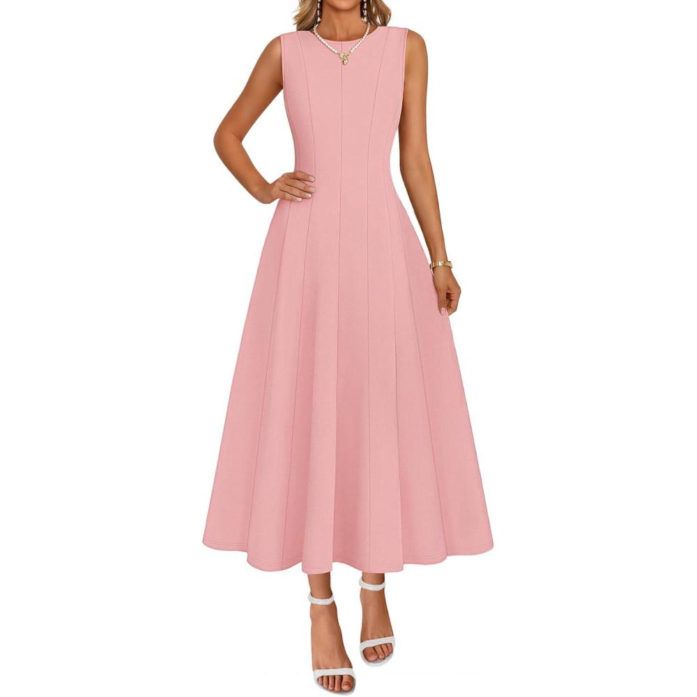 imageMEROKEETY Womens 2026 Summer Elegant Classy Midi Dress Sleeveless A Line Flowy Formal Cocktail DressesPink