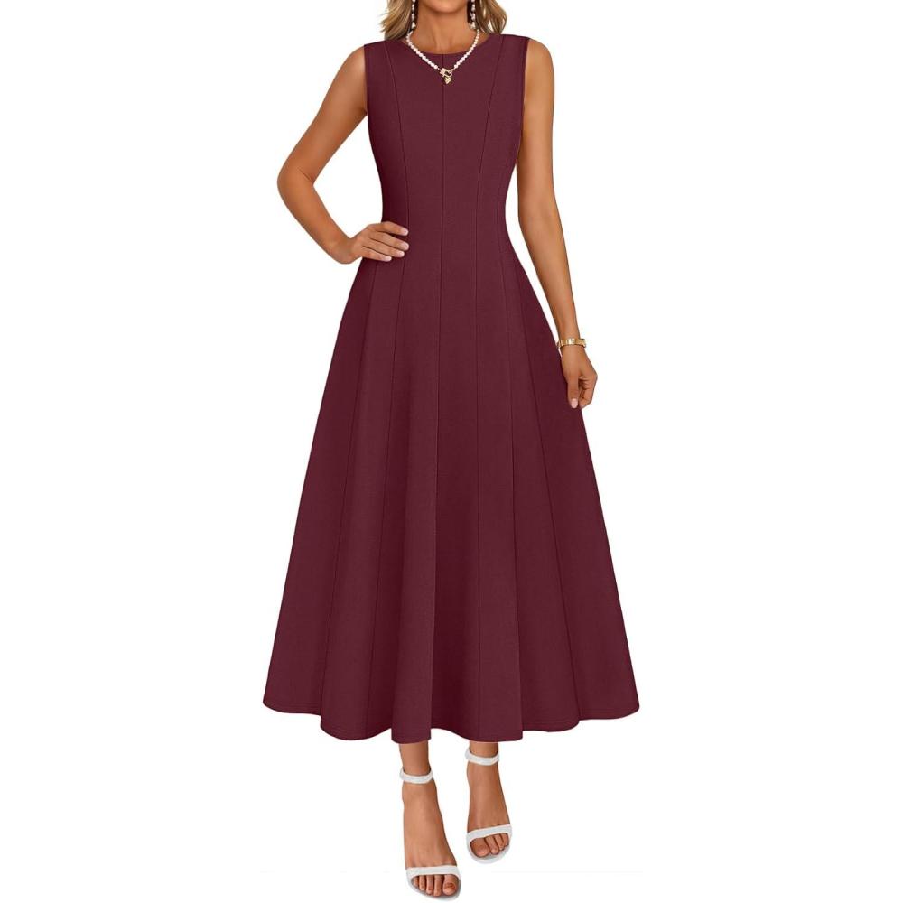 imageMEROKEETY Womens 2026 Summer Elegant Classy Midi Dress Sleeveless A Line Flowy Formal Cocktail DressesWine