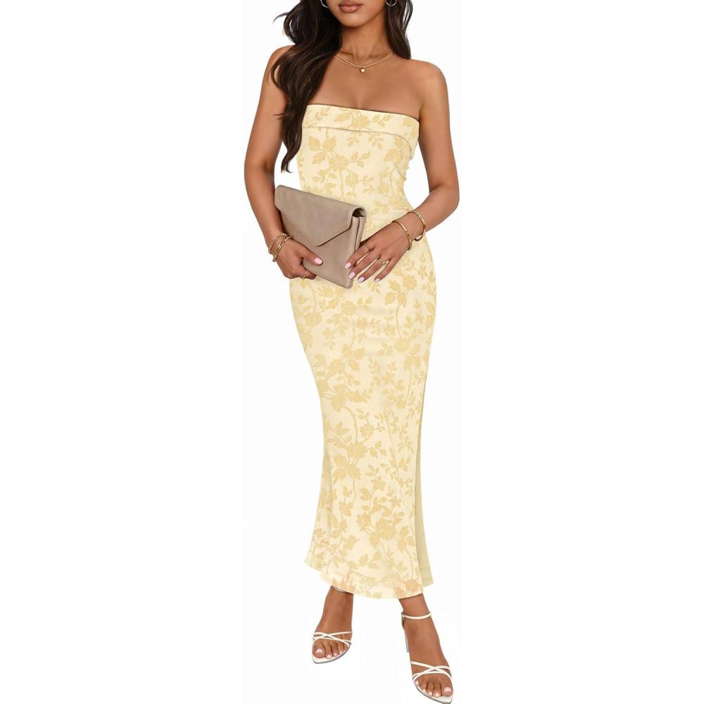 imageMEROKEETY Womens 2026 Summer Floral Strapless Dress Bodycon Tube Slit Mesh Wedding Guest Cocktail Party Maxi DressesApricot