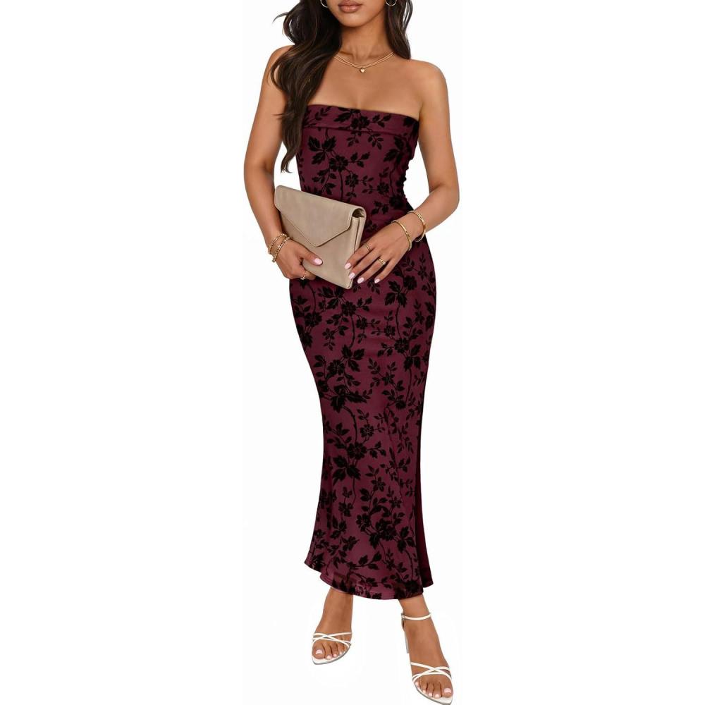 imageMEROKEETY Womens 2026 Summer Floral Strapless Dress Bodycon Tube Slit Mesh Wedding Guest Cocktail Party Maxi DressesWine