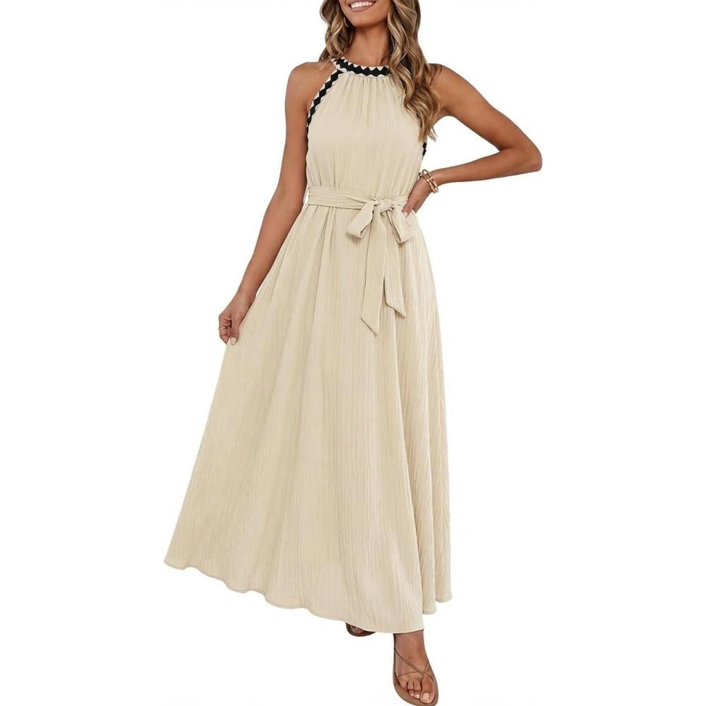 imageMEROKEETY Womens 2026 Summer Halter Maxi Dress Spring Casual Boho Sleeveless Flowy Swing Beach Vacation Dresses with BeltApricot