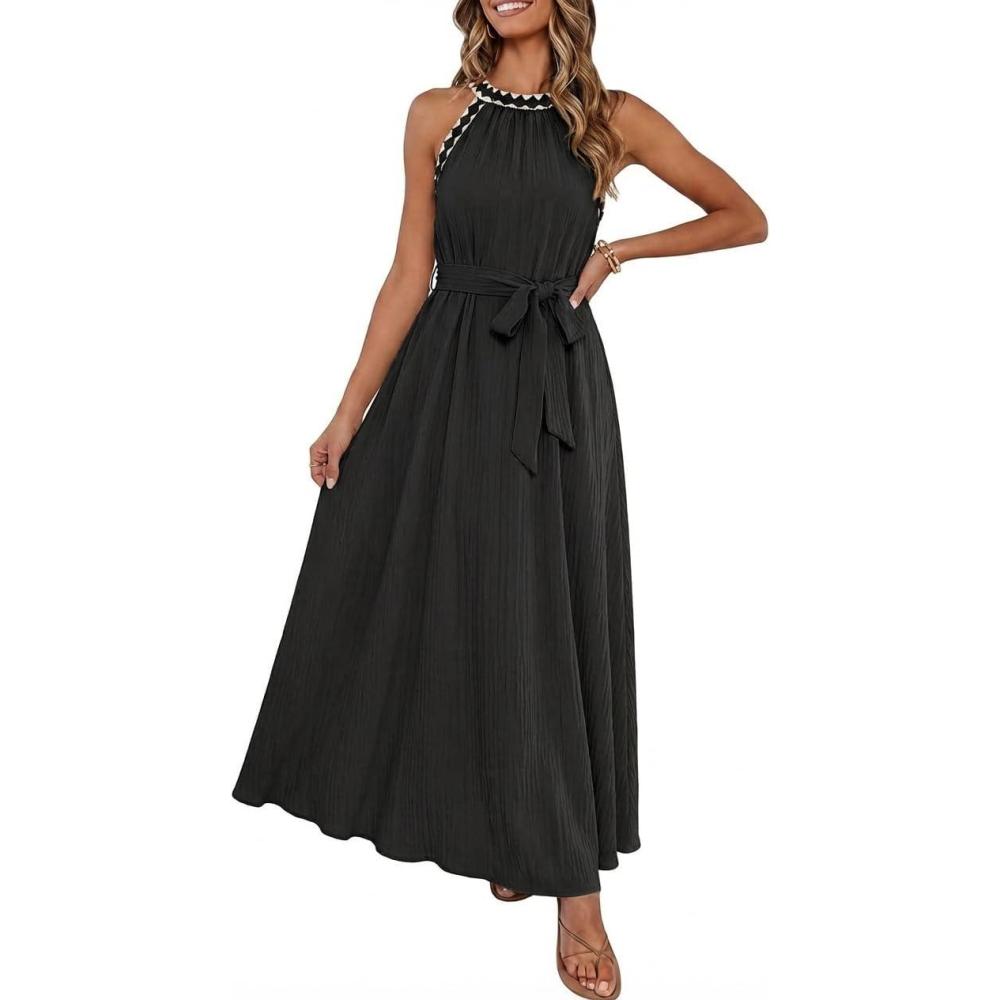 imageMEROKEETY Womens 2026 Summer Halter Maxi Dress Spring Casual Boho Sleeveless Flowy Swing Beach Vacation Dresses with BeltBlack