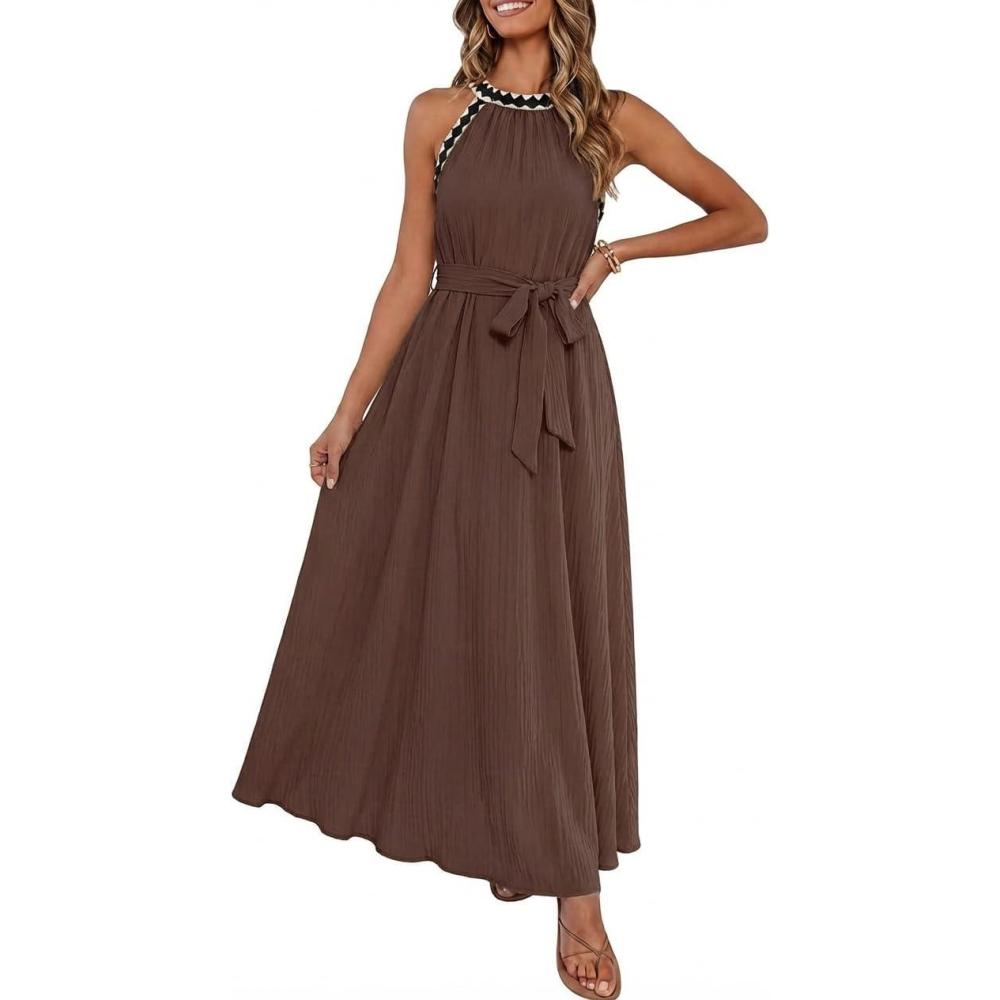 imageMEROKEETY Womens 2026 Summer Halter Maxi Dress Spring Casual Boho Sleeveless Flowy Swing Beach Vacation Dresses with BeltBrown