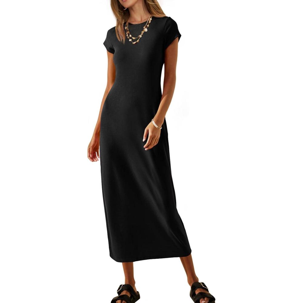 imageMEROKEETY Womens 2026 Summer Short Sleeve Tshirt Dress Casual Crew Neck Beach Long Maxi DressesBlack