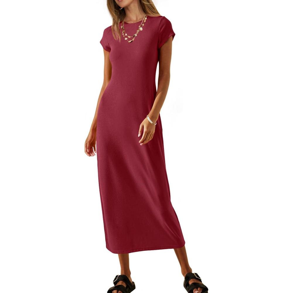 imageMEROKEETY Womens 2026 Summer Short Sleeve Tshirt Dress Casual Crew Neck Beach Long Maxi DressesBurgundy