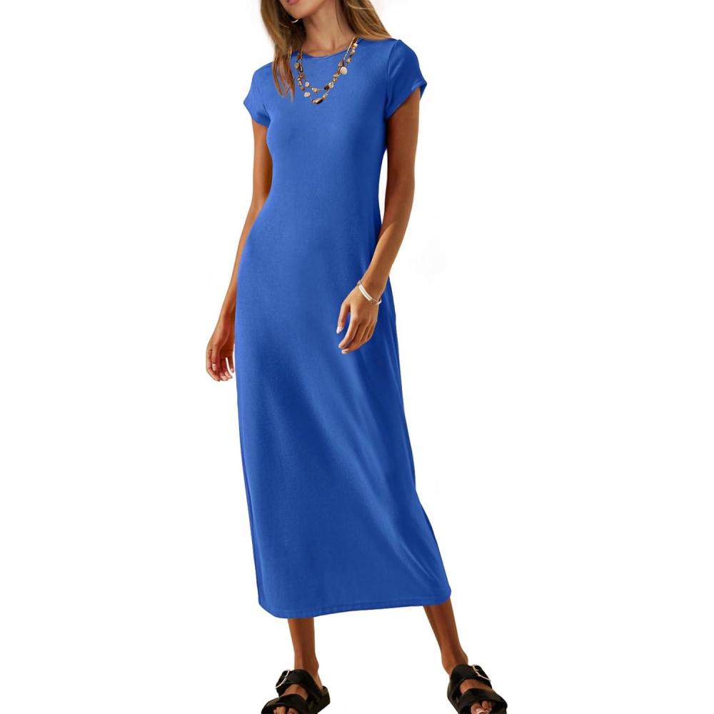 imageMEROKEETY Womens 2026 Summer Short Sleeve Tshirt Dress Casual Crew Neck Beach Long Maxi DressesRoyalblue