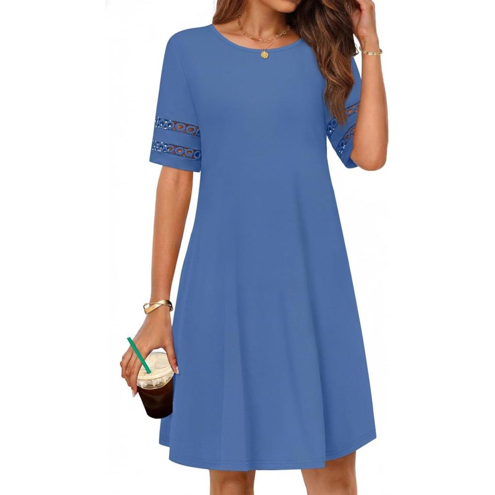 imageMEROKEETY Womens 2026 Summer Spring Casual T Shirt Dress Hollow Out Short Sleeve Beach Vacation Shift Swing SundressBlue