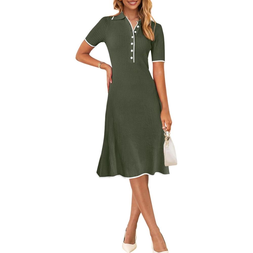 imageMEROKEETY Womens 2026 Summer V Neck Ribbed Midi Dress Short Sleeve Button Elegant Bodycon Knit Sweater DressesArmygreen