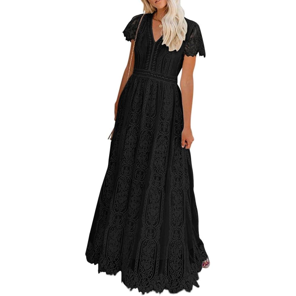 imageMEROKEETY Womens 2026 V Neck Short Sleeve Floral Lace Wedding Dress A Line Boho Bridesmaid Cocktail Party Maxi DressBlack