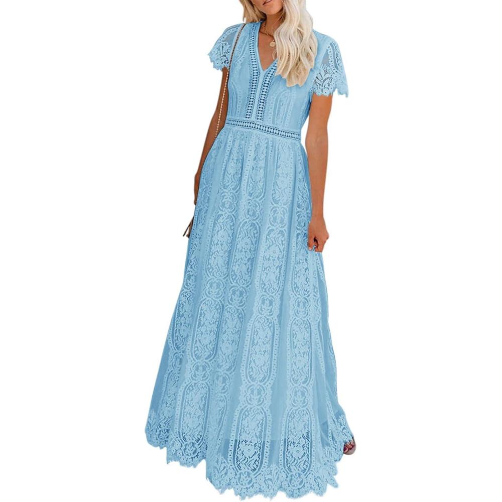 imageMEROKEETY Womens 2026 V Neck Short Sleeve Floral Lace Wedding Dress A Line Boho Bridesmaid Cocktail Party Maxi DressLight Blue