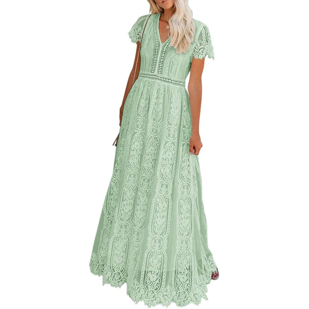 imageMEROKEETY Womens 2026 V Neck Short Sleeve Floral Lace Wedding Dress A Line Boho Bridesmaid Cocktail Party Maxi DressMint