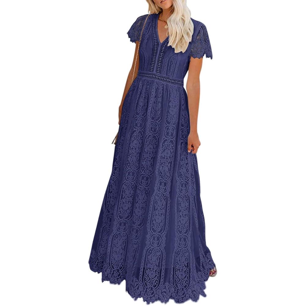 imageMEROKEETY Womens 2026 V Neck Short Sleeve Floral Lace Wedding Dress A Line Boho Bridesmaid Cocktail Party Maxi DressNavy