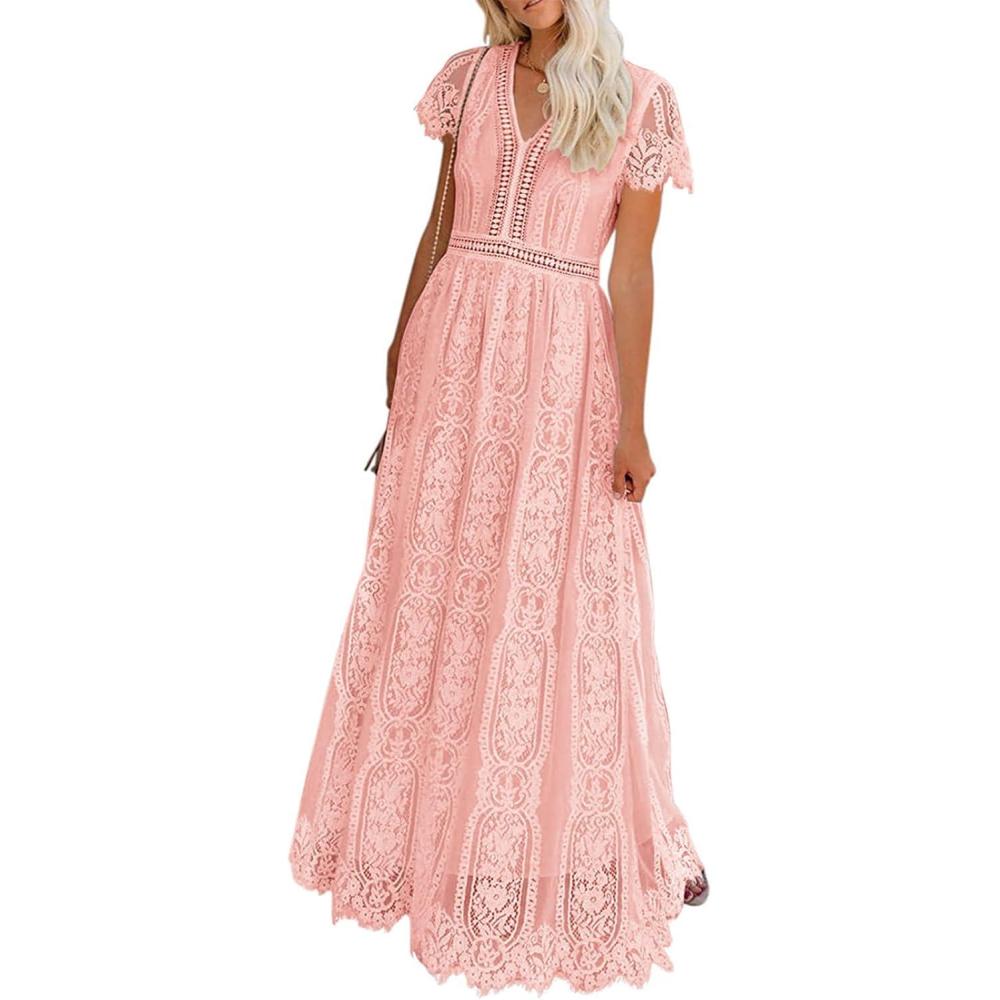 imageMEROKEETY Womens 2026 V Neck Short Sleeve Floral Lace Wedding Dress A Line Boho Bridesmaid Cocktail Party Maxi DressPink