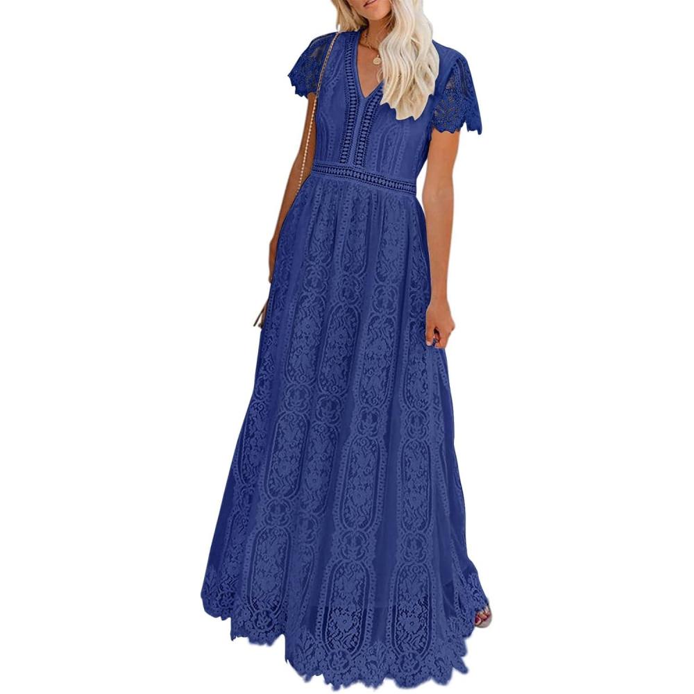 imageMEROKEETY Womens 2026 V Neck Short Sleeve Floral Lace Wedding Dress A Line Boho Bridesmaid Cocktail Party Maxi DressRoyal