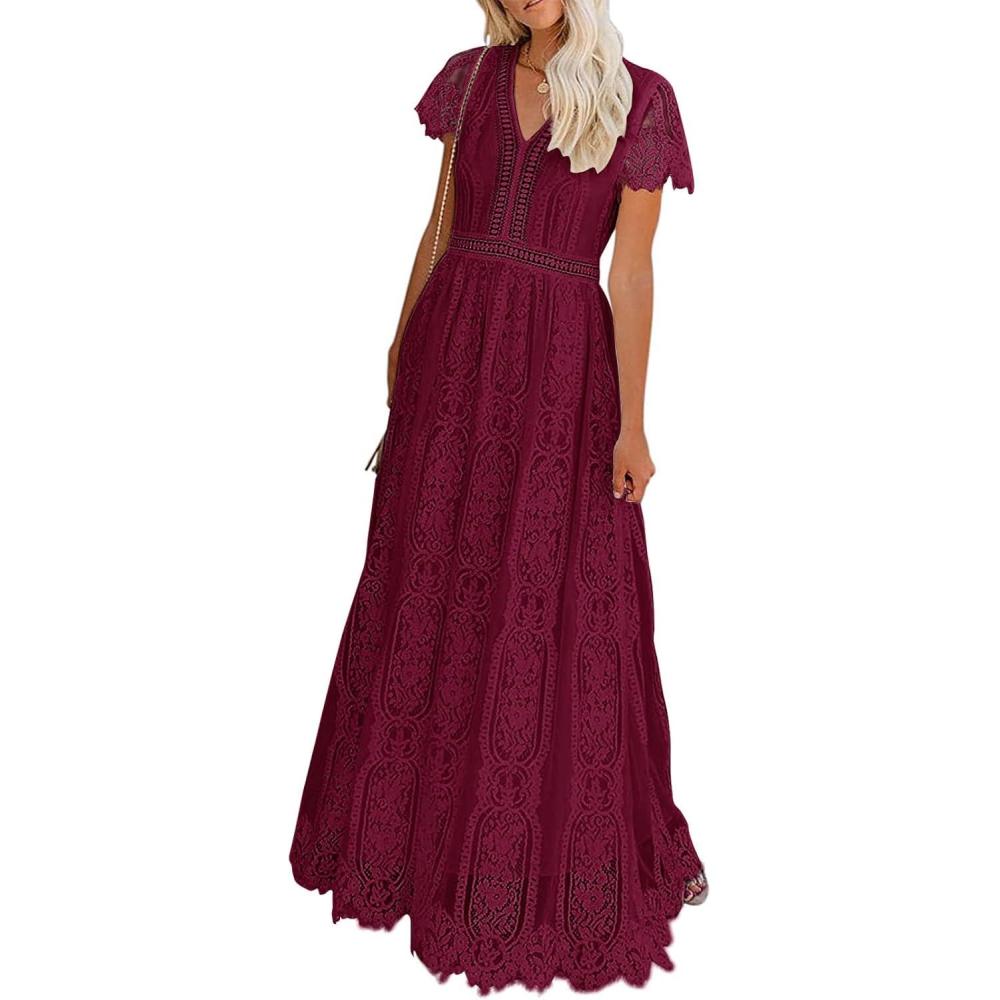 imageMEROKEETY Womens 2026 V Neck Short Sleeve Floral Lace Wedding Dress A Line Boho Bridesmaid Cocktail Party Maxi DressWine