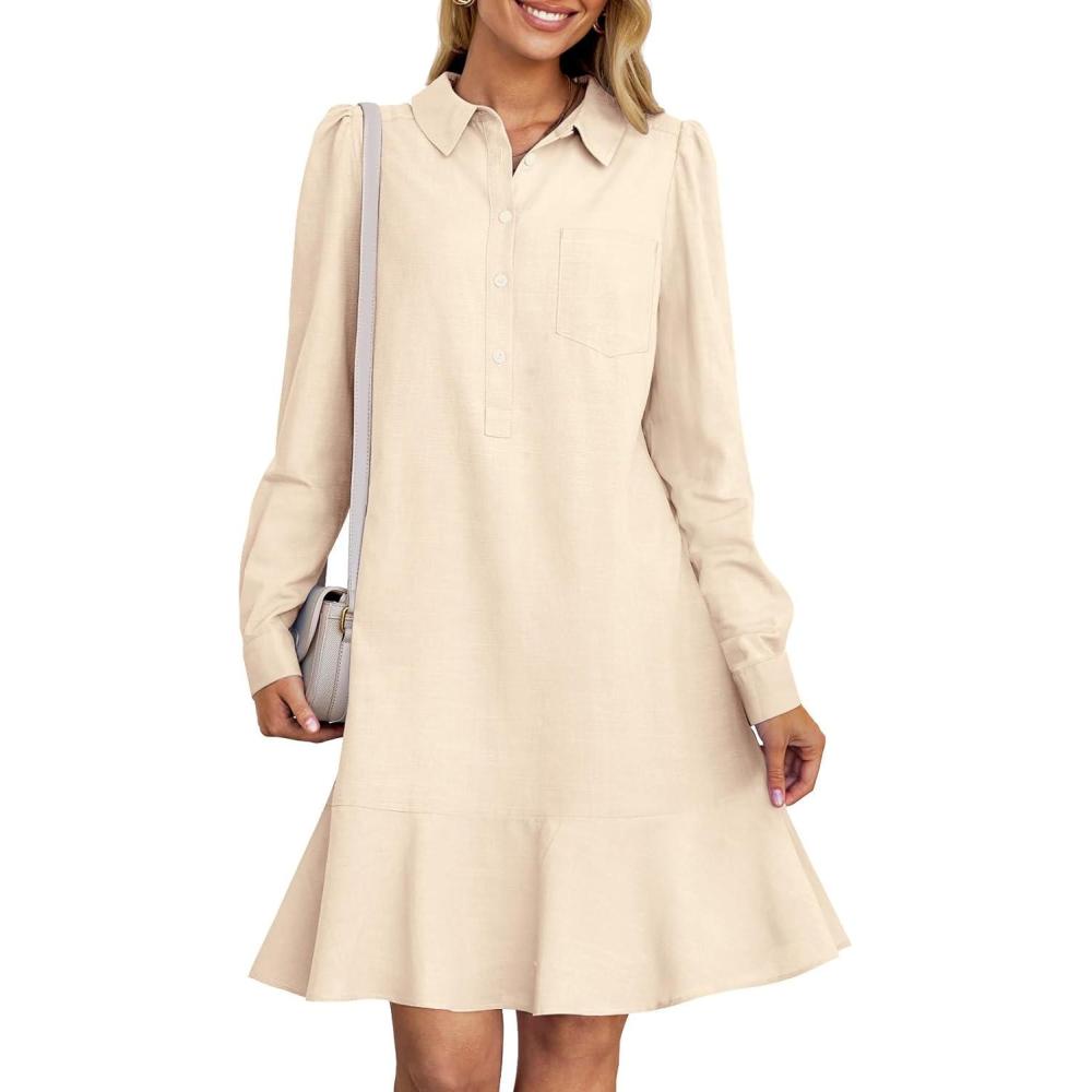 imageMEROKEETY Womens Casual Shirt Dress Long Sleeve Button Down Ruffle Flowy Tunic Shift Mini DressesBeige