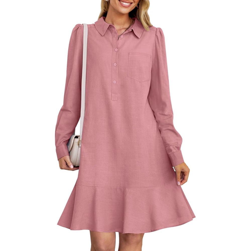 imageMEROKEETY Womens Casual Shirt Dress Long Sleeve Button Down Ruffle Flowy Tunic Shift Mini DressesDusty Pink