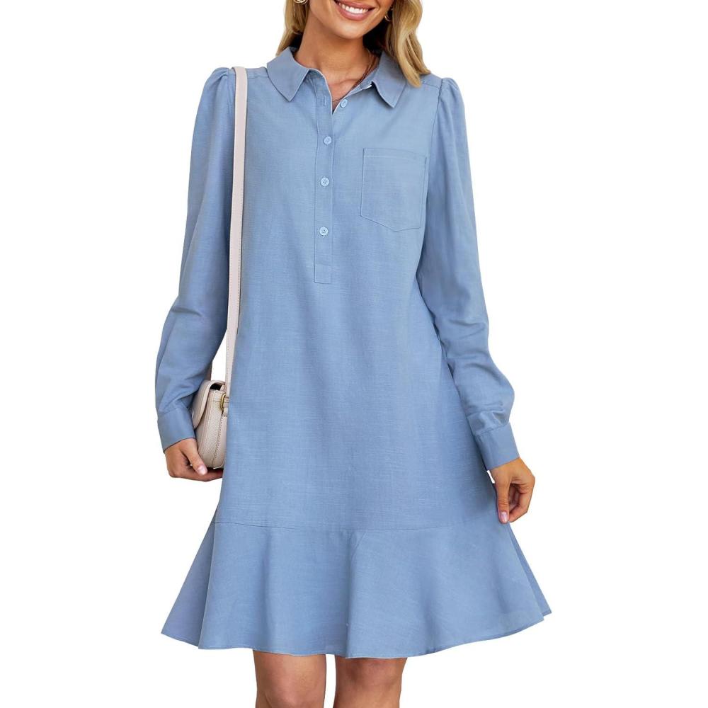imageMEROKEETY Womens Casual Shirt Dress Long Sleeve Button Down Ruffle Flowy Tunic Shift Mini DressesGray Blue