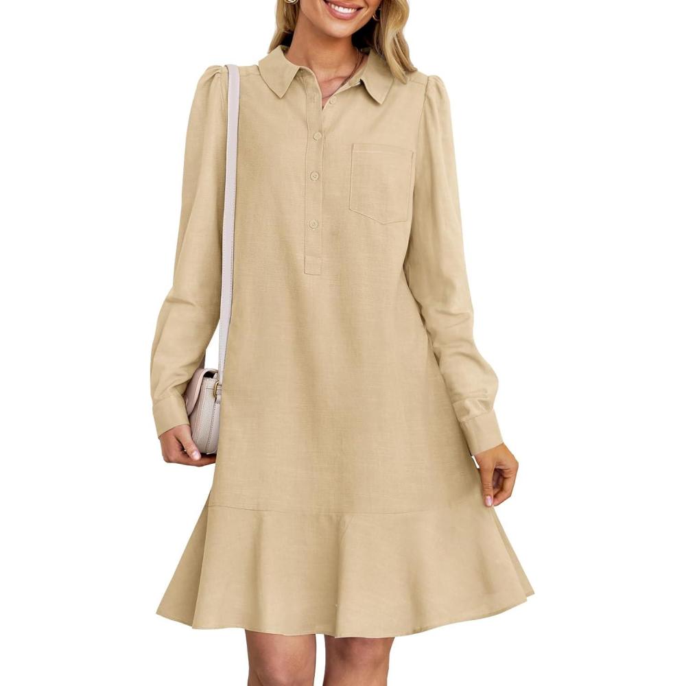 imageMEROKEETY Womens Casual Shirt Dress Long Sleeve Button Down Ruffle Flowy Tunic Shift Mini DressesKhaki