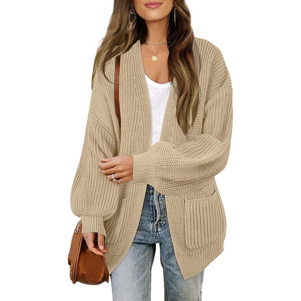 imageMEROKEETY Womens Chunky Cardigan Sweaters 2025 Lantern Long Sleeve Oversized Knit Outerwear with PocketsApricot