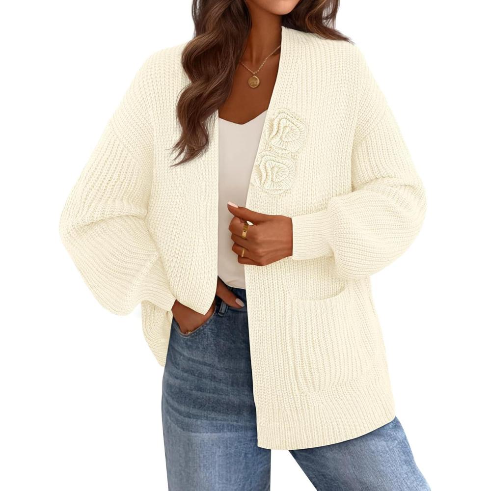 imageMEROKEETY Womens Chunky Cardigan Sweaters 2025 Lantern Long Sleeve Oversized Knit Outerwear with PocketsBeigeflower