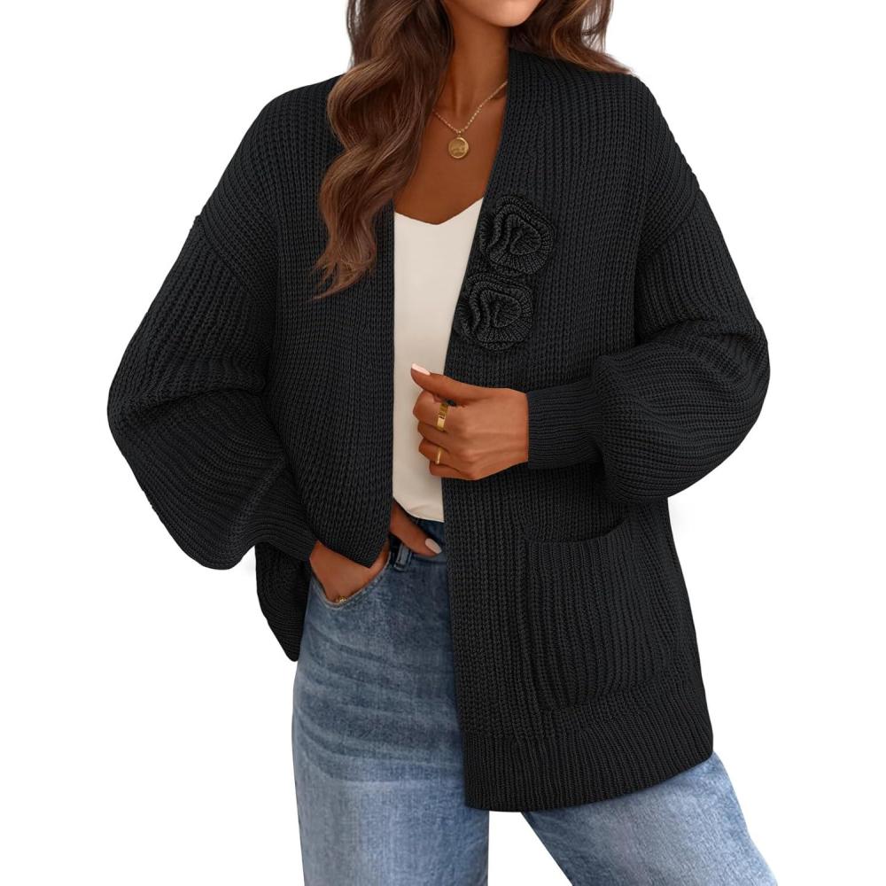 imageMEROKEETY Womens Chunky Cardigan Sweaters 2025 Lantern Long Sleeve Oversized Knit Outerwear with PocketsBlackflower