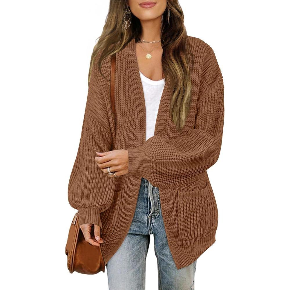 imageMEROKEETY Womens Chunky Cardigan Sweaters 2025 Lantern Long Sleeve Oversized Knit Outerwear with PocketsBrown