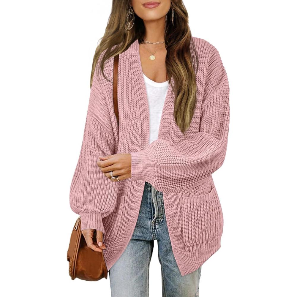 imageMEROKEETY Womens Chunky Cardigan Sweaters 2025 Lantern Long Sleeve Oversized Knit Outerwear with PocketsDusty Pink