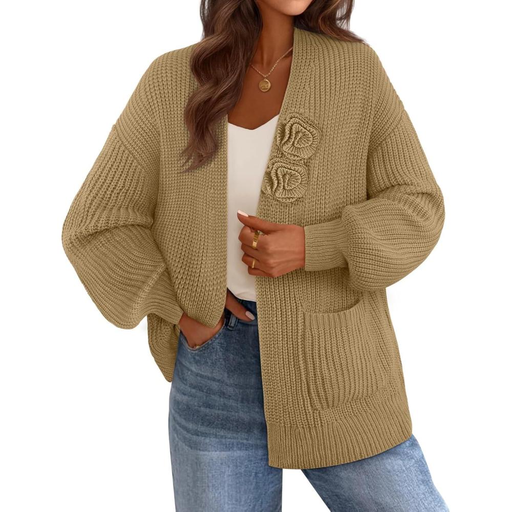 imageMEROKEETY Womens Chunky Cardigan Sweaters 2025 Lantern Long Sleeve Oversized Knit Outerwear with PocketsKhakiflower