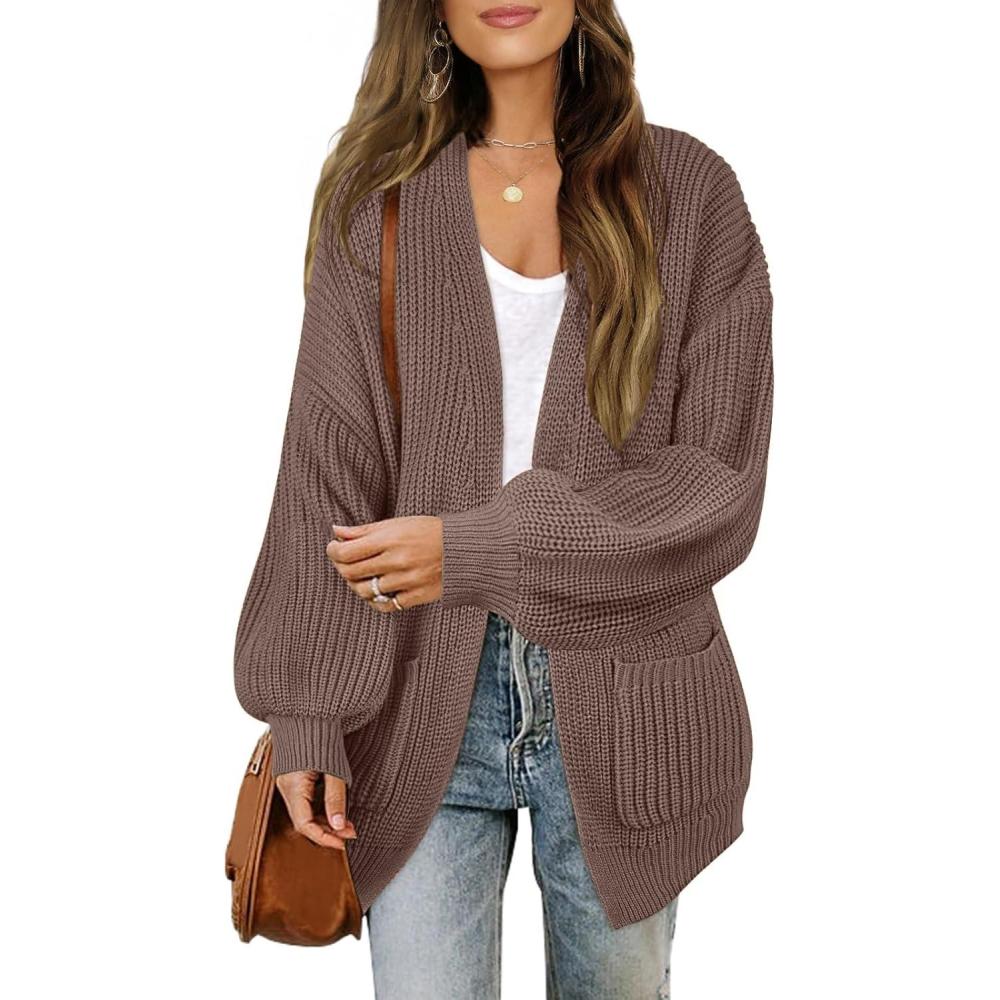 imageMEROKEETY Womens Chunky Cardigan Sweaters 2025 Lantern Long Sleeve Oversized Knit Outerwear with PocketsNutmeg