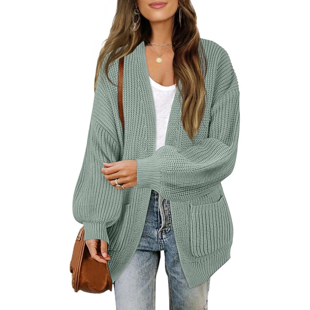 imageMEROKEETY Womens Chunky Cardigan Sweaters 2025 Lantern Long Sleeve Oversized Knit Outerwear with PocketsSage