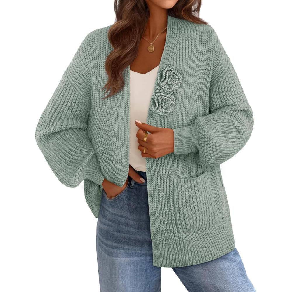 imageMEROKEETY Womens Chunky Cardigan Sweaters 2025 Lantern Long Sleeve Oversized Knit Outerwear with PocketsSageflower