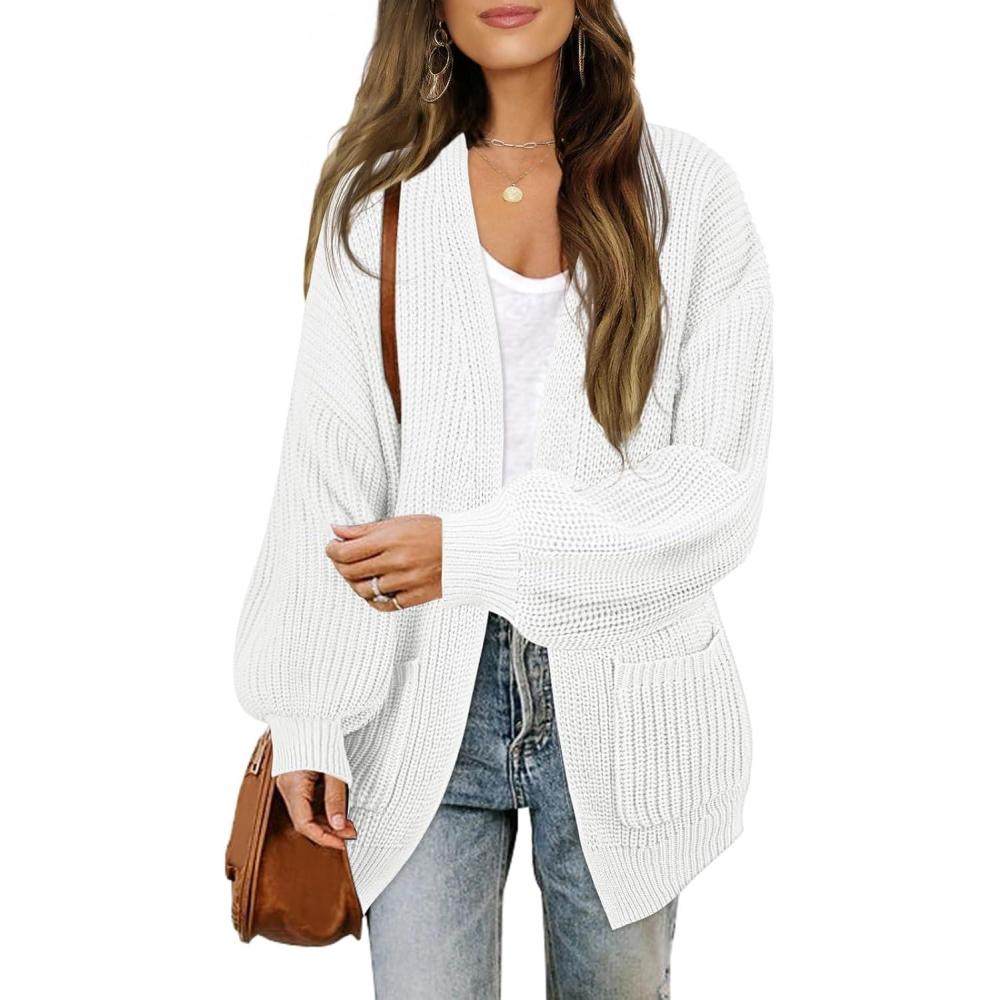 imageMEROKEETY Womens Chunky Cardigan Sweaters 2025 Lantern Long Sleeve Oversized Knit Outerwear with PocketsWhite