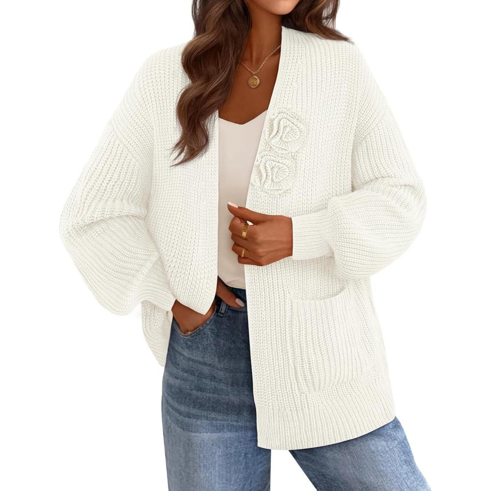 imageMEROKEETY Womens Chunky Cardigan Sweaters 2025 Lantern Long Sleeve Oversized Knit Outerwear with PocketsWhiteflower