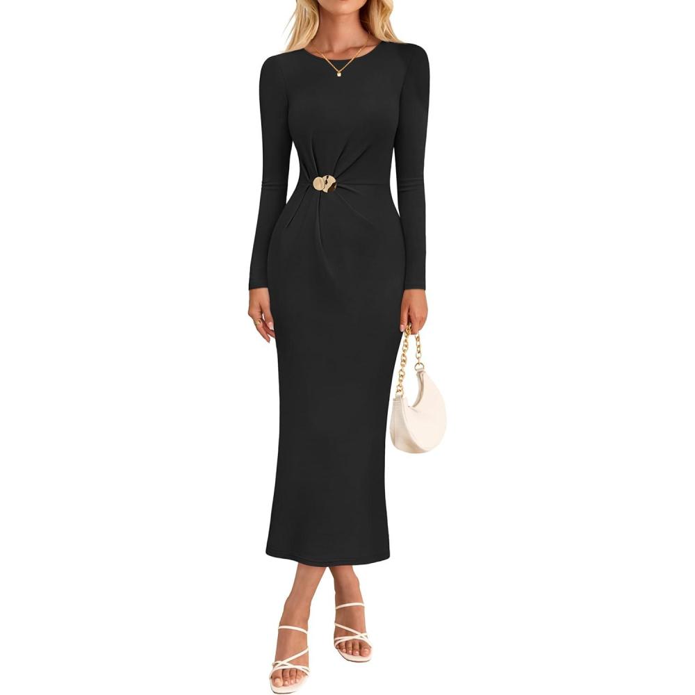 imageMEROKEETY Womens Fall Long Sleeve Bodycon Dresses Elegant Wedding Guest Cocktail Party Midi Maxi DressBlack